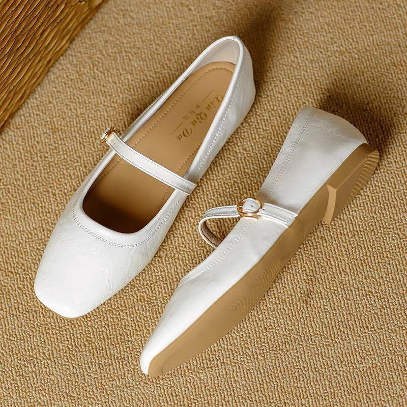 

2025 summer Korean version flat-bottomed retro soft leather Mary Jane women s shoes sweat-absorbing and non-slip one-word buckle shallow mouth Doudou 34 слоновая кость