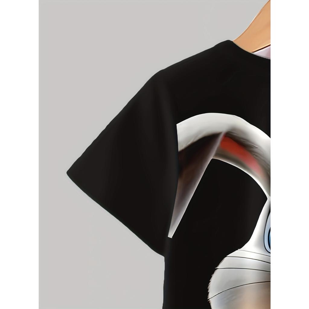 Black Theme, Rabbit 3D Printing Pattern with Basketball In Hand, Fashion Trend Casual and Simple Short Sleeve Set