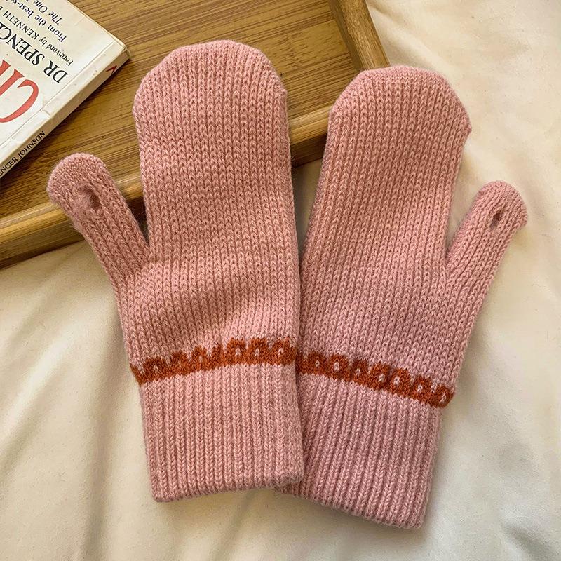 

Теплые перчатки Женские ветрозащитные варежки милые однотонные вязаные шерстяные Велосипедные от холода с открытыми пальцами контрастного цвета Корея One Size розовый