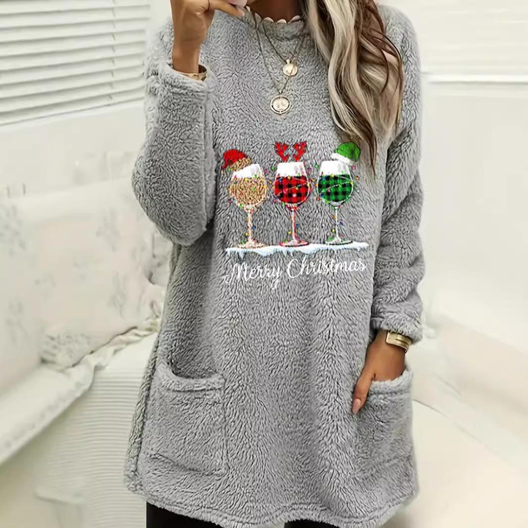 

Женская легкая свободная плюшевая куртка с длинными рукавами, круглым вырезом, рождественскими буквами и цветочным карманом XXXXL