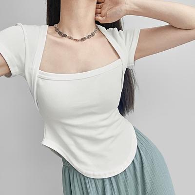 Reine Baumwolle unregelmäßige Damen T-Shirts Harajuku Sommer Kurzarm eckiger Kragen Lässig einfarbig Slim T-Shirt Damen Y2k Crop Tops