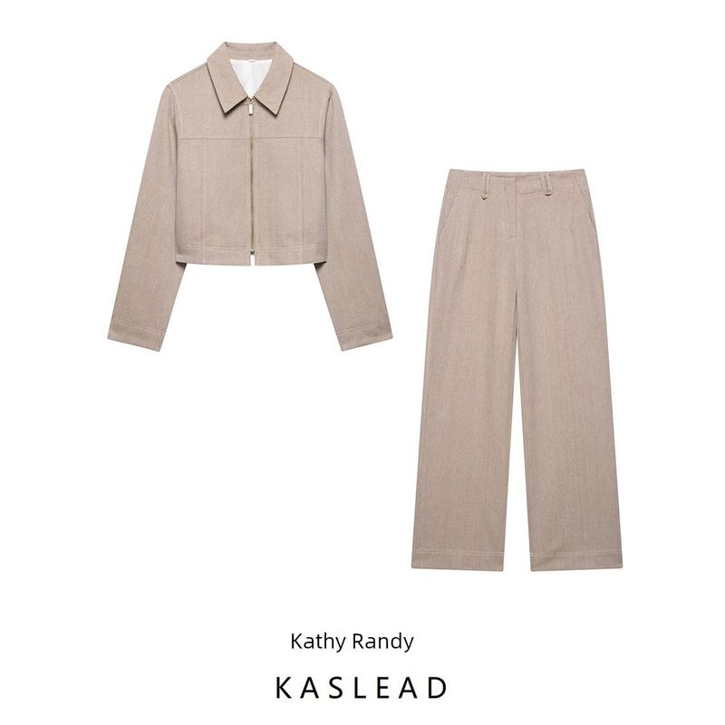 Kaslead New Women clothes Western Style Herringbone Twill Short coat Straight Pants 2833129 2830129