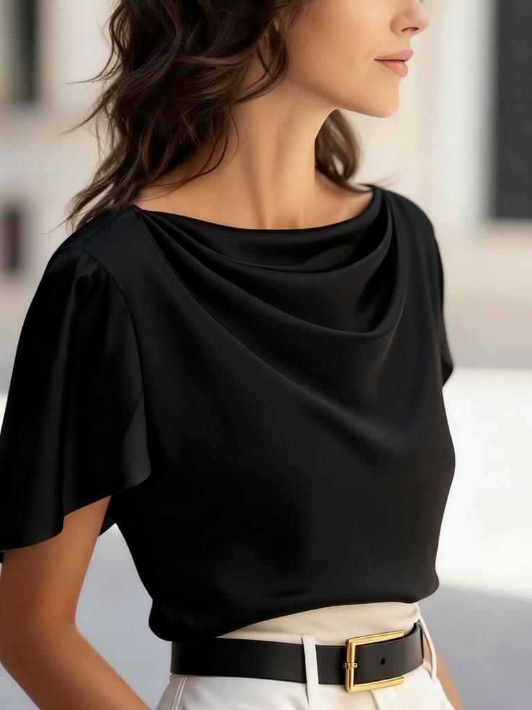 2026 Satin Imitation Silk Drape Swing Collar Short Sleeve Women's Top