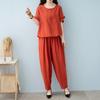 Women's Cotton Linen 2-Piece Outfit Casual Short Sleeve Crew Neck Top And Long Pants