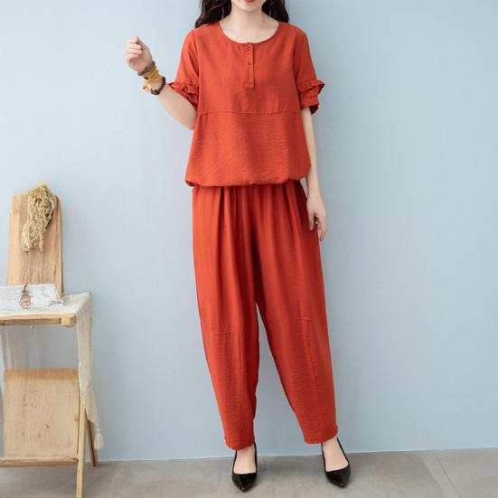 Women's Cotton Linen 2-Piece Outfit Casual Short Sleeve Crew Neck Top And Long Pants