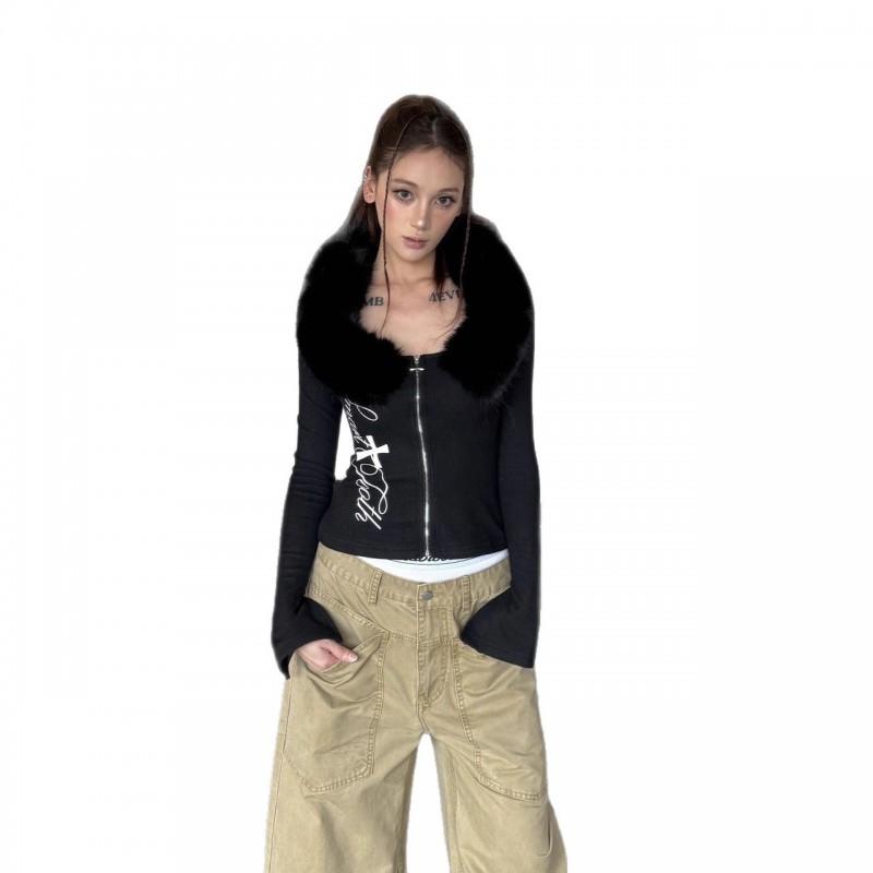 Womens Y2k Vintage Zip Up Cardigan Sweatshirt Slim Fit Long Sleeve Printed Streetwear Top
