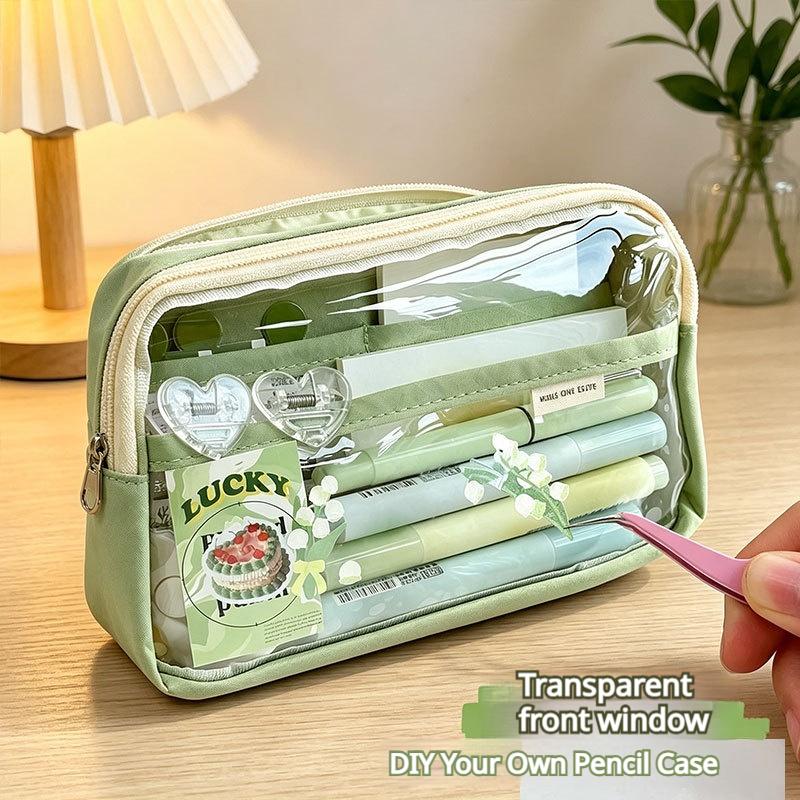 Clear Pencil Bag Portable Color Block Stationery Organizer Large Capacity Student Pencil Case School Supplies Storage Pouch