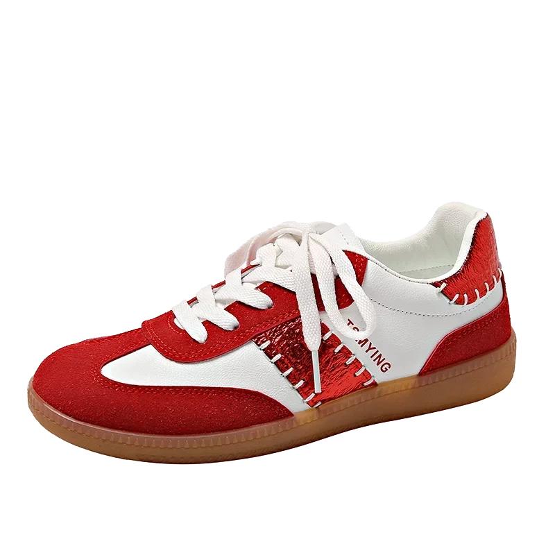 

Мода 2024 Женские кроссовки Весна Осень Сплайсинг Натуральная кожа Популярные Плоская подошва На шнуровке Повседневная Рабочая обувь Женщина Новое поступление 44 красный