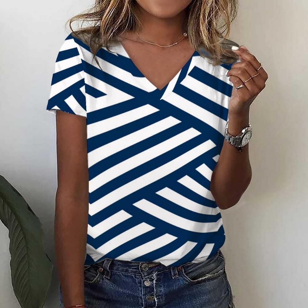 Women's Striped 3D Printed T-shirt, Holiday V-neck Casual T-shirt, Y2K Top, Women's Fashionable Streetwear, Harajuku Plus Size T-shirt