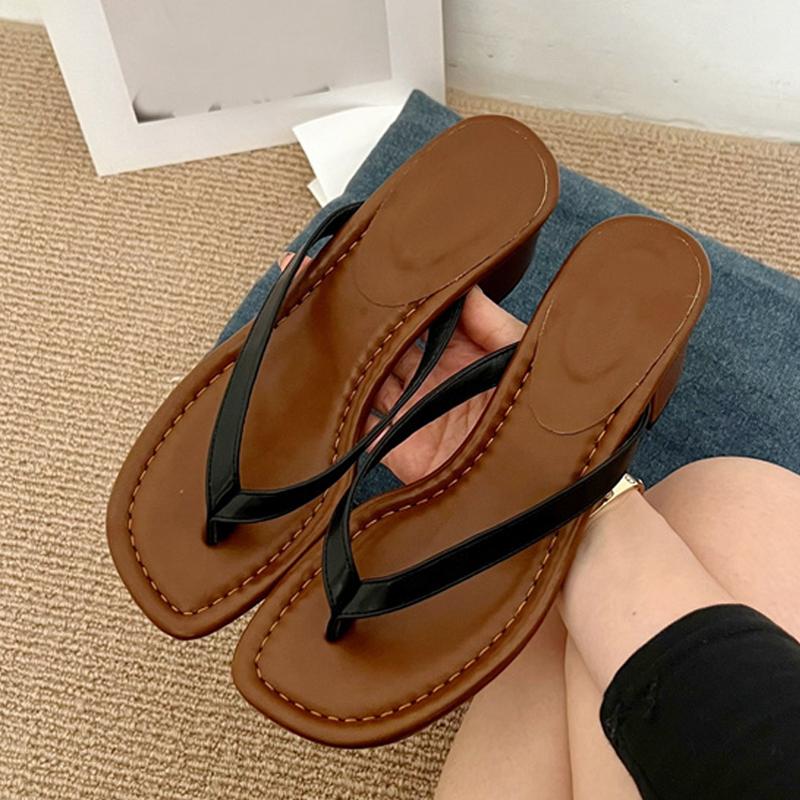 Fashion Liyke Japanese Style Pinch Narrow Band ClipToe Low Square Heels Flip Flops Women Slippers Sandal Female Beach Shoes Mules Slides