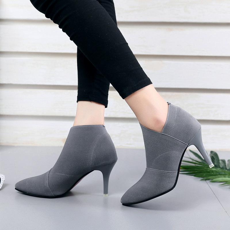 High Heel Short Boots Women's Stretch Boots British Pointed Martin Boots Skinny Heel and Ankle Boots
