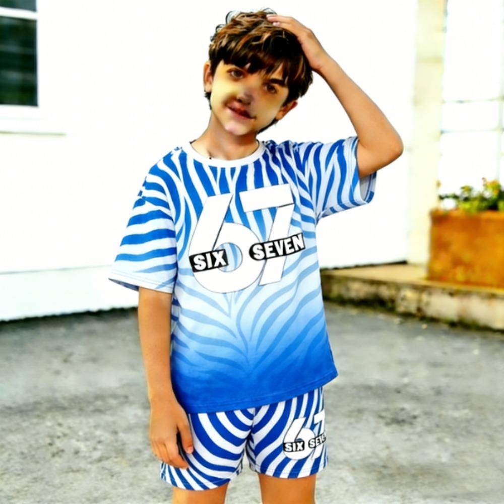 67 Gradient Zebra Color Printed Kids T-shirt and Shorts 2 Piece Set Summer Casual Outfit for Boy's and Girl's Kids Clothing Top