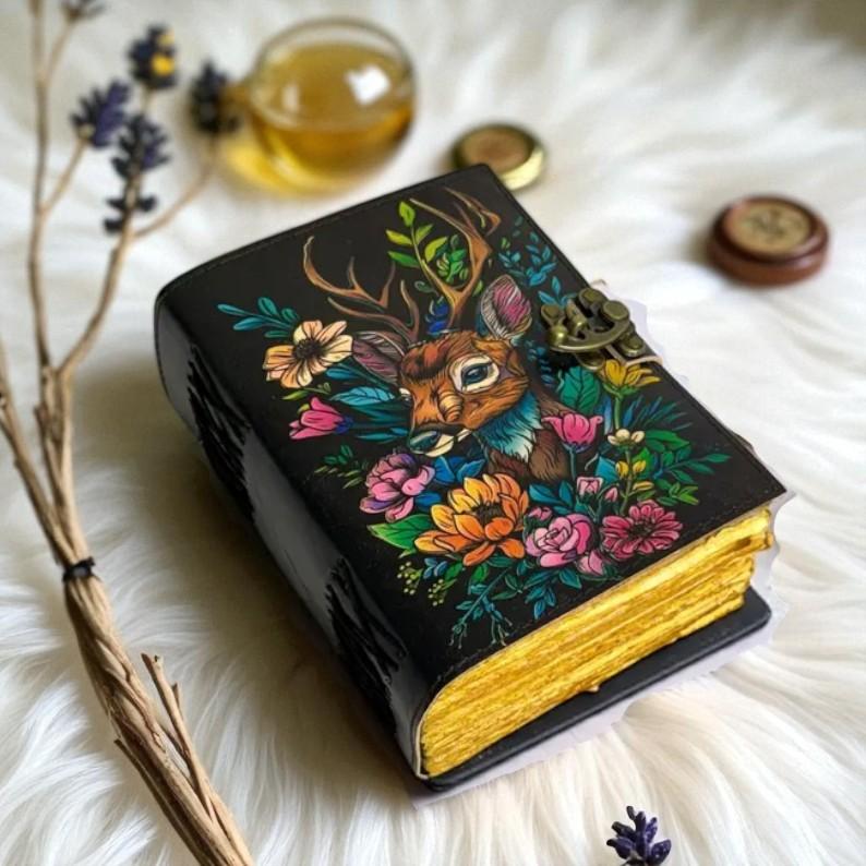 Handmade Leather Journal with Colorful Deer