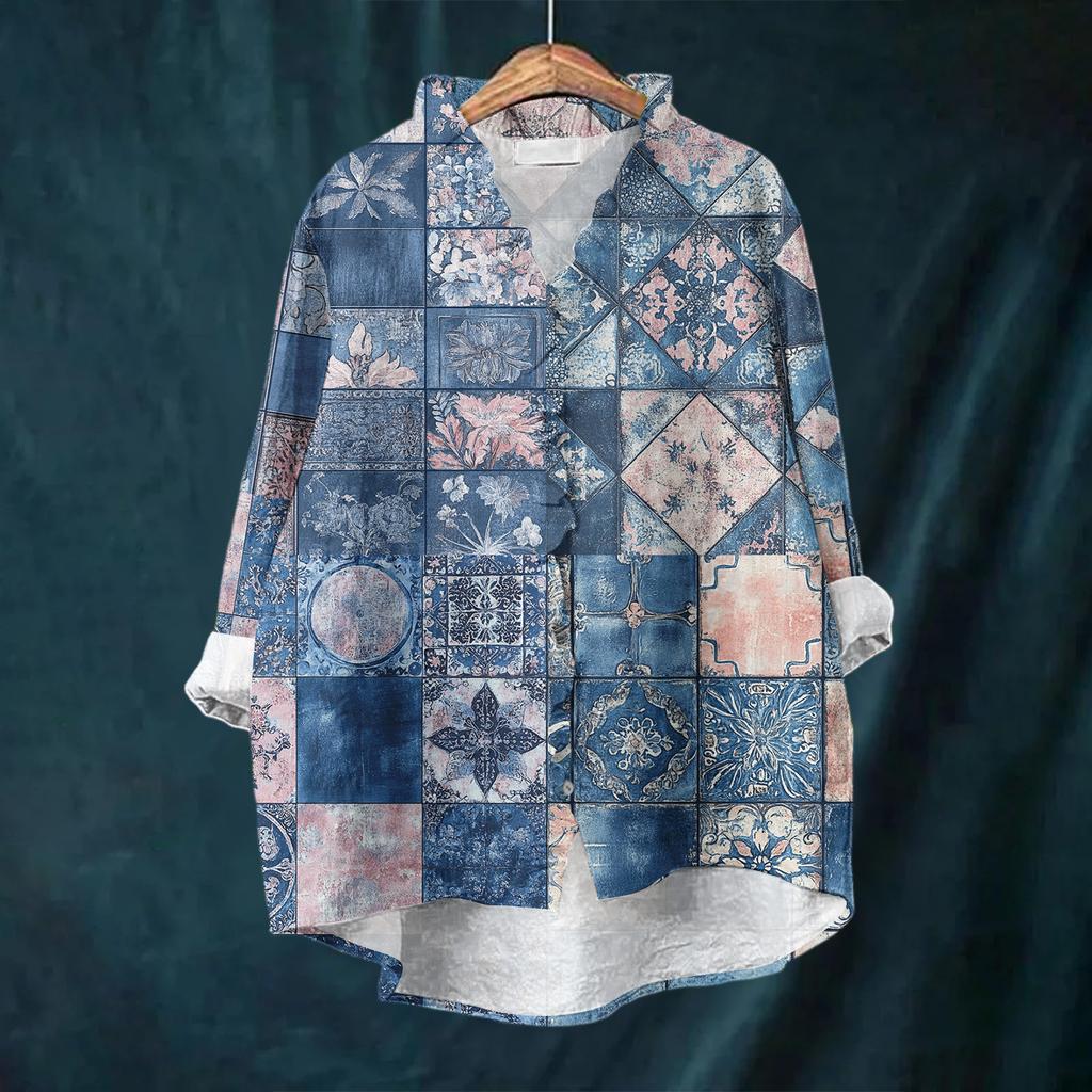 Women's Loose Ruffled Floral Print Stand Collar Long Sleeve Cotton And Linen Top