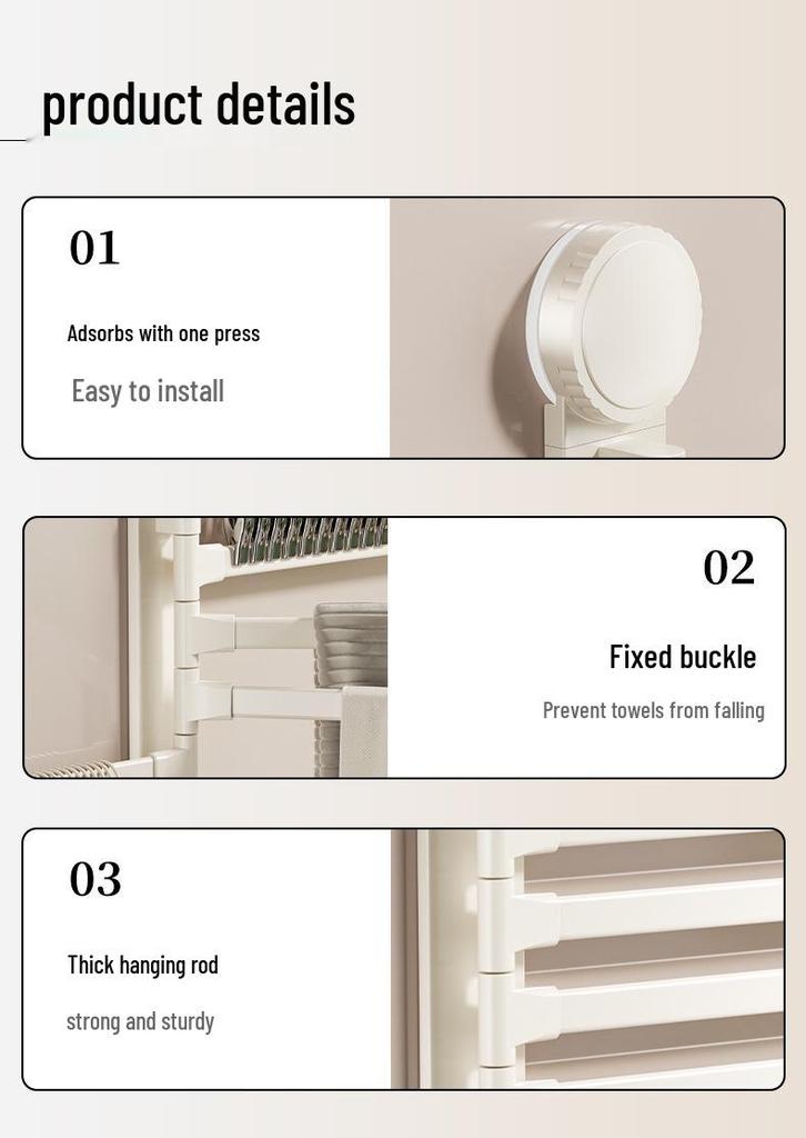 Punch-Free Rotating Towel Rack with Suction Cups - Foldable, Wall-Mounted Multi-Bar Hanger for Bathroom Storage