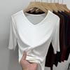 Women's Black V-Neck Three-Quarter Sleeve Loose Fit T-Shirt, 2025 Collection