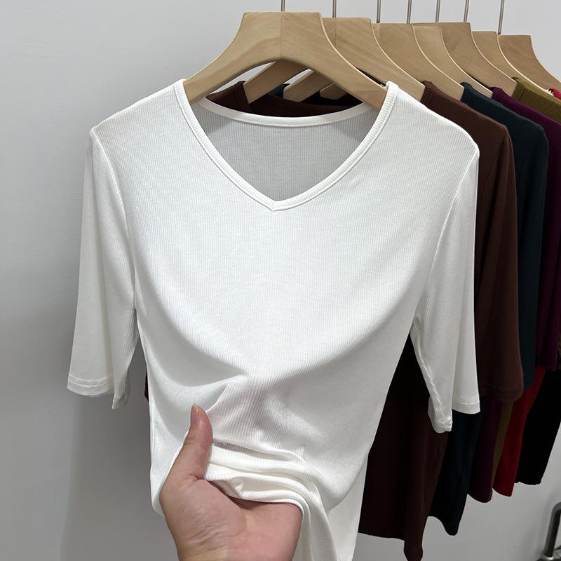 Women's Black V-Neck Three-Quarter Sleeve Loose Fit T-Shirt, 2025 Collection