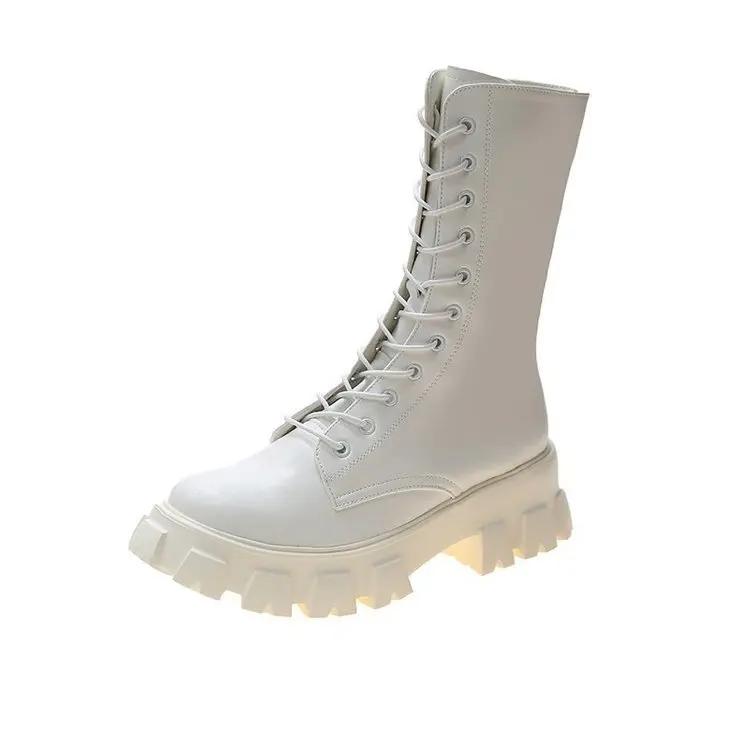 Fashion New Mid Calf Boots Women Autumn Winter Fashion Lace-up Ladies Chelsea Zipper Botas Mujer Boots Sports Platform Heel Ladies Shoes
