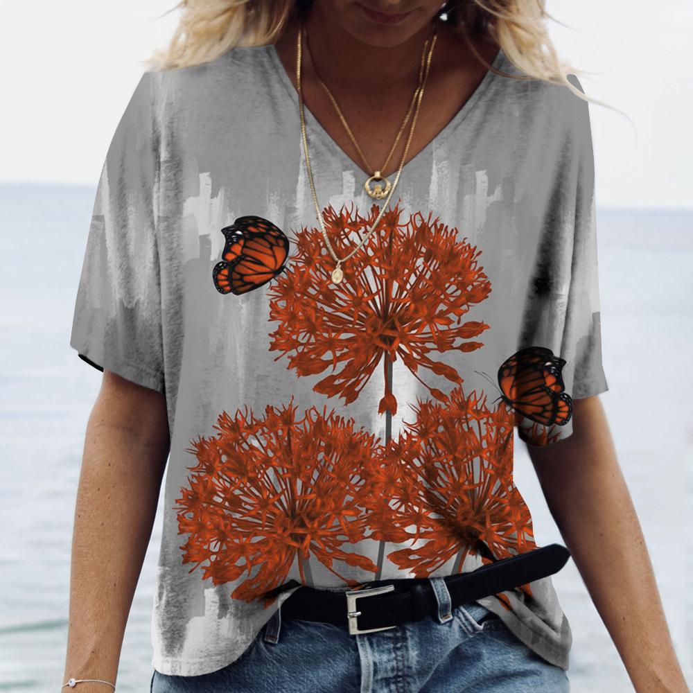 Summer V-neck 3D Flower Butterfly Printed Top Fashionable Casual Short Sleeved Women's T-shirts