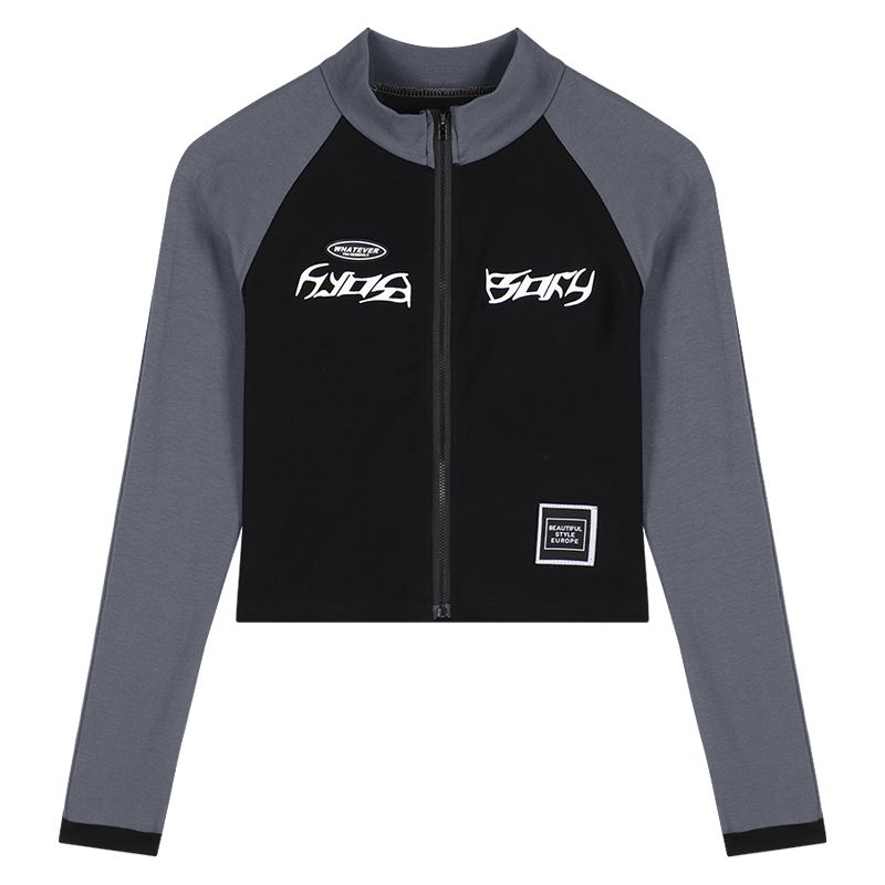 

Women s Tuan Style Dancing Hot Short Tops Fashion Short American Style Wear Zipper Niche Style Unique Bottoming Shirt Long Sleeves Black and gray color matching L(54.00 kg-60.00 kg)