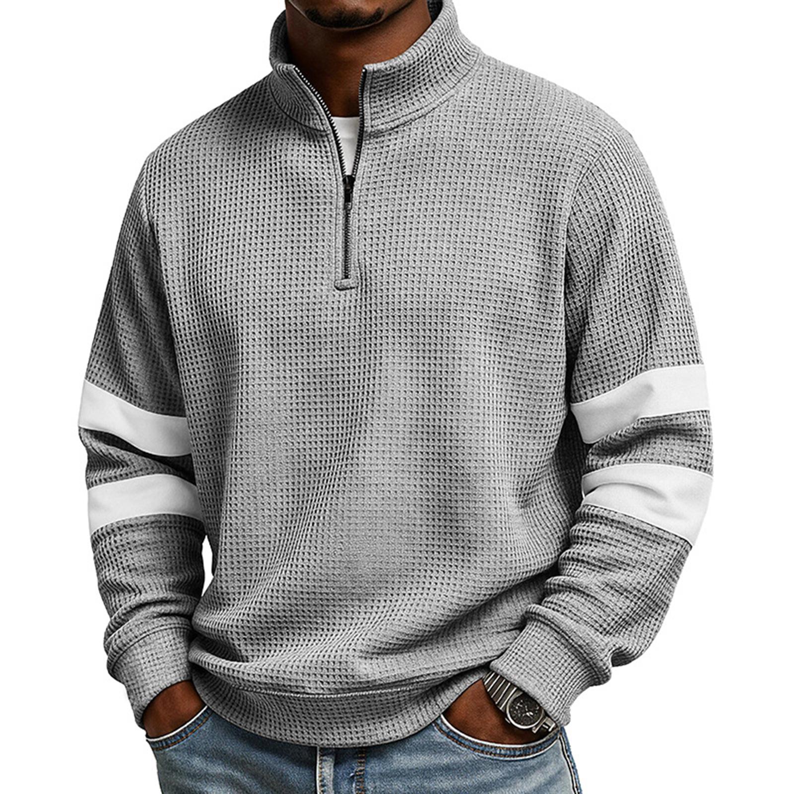 

Men s Long Sleeve Quarter Zip Waffle Knit Pullover Sweater Loose Fit Stand Collar Casual Top with Color Block Sleeve Stripes M