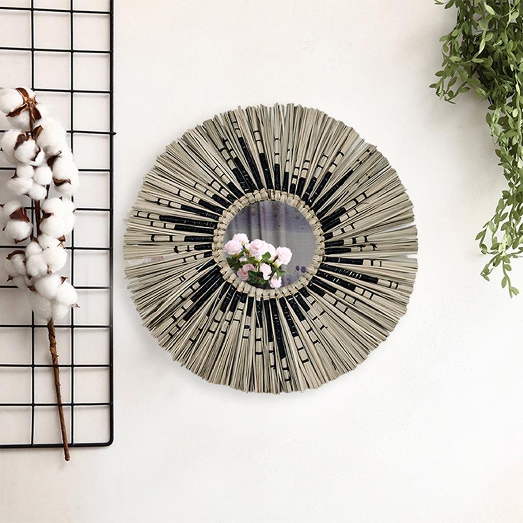 Espejo de Maquillaje Artístico de Paja Trenzada Espejo Decorativo de Salón Decoración para Colgar en la Pared Espejo Dormitorio Baño Espejo de Tocador