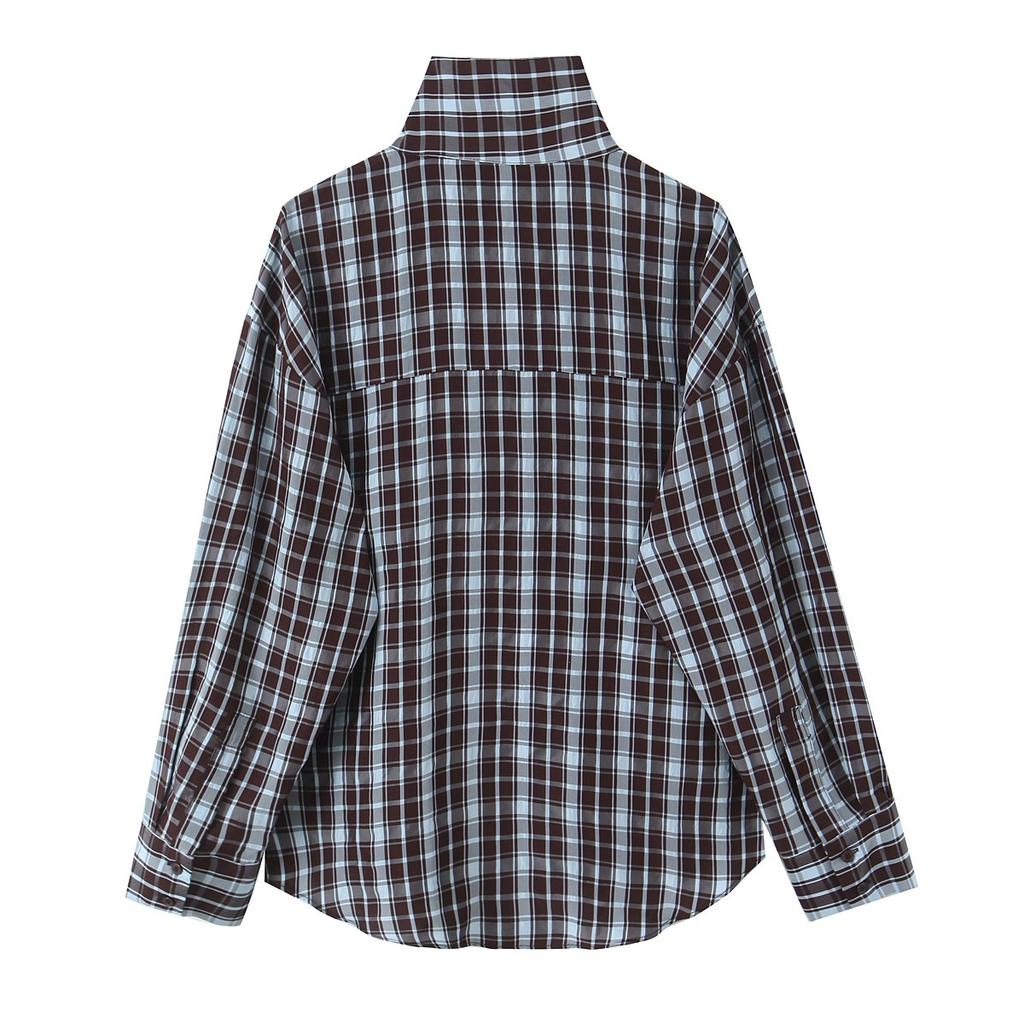 1116 Printemps et Automne Chemise à Carreaux Plaquette Oblique Irrégulière Haut Rétro à Col Haut Design de Mode Chemise de Niche Vente en Gros