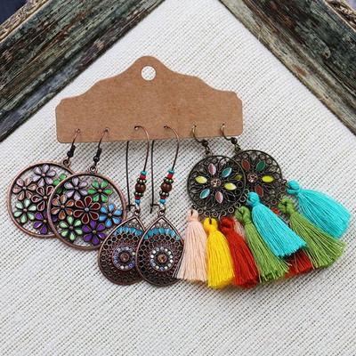 3 Pair Earrings Retro Style Tassel Design Alloy Women Fashion Dangle Earrings for Gifts