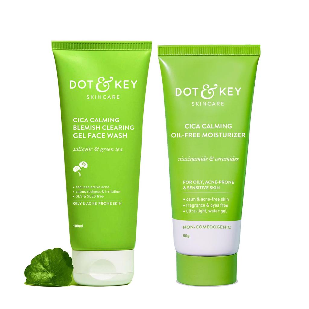 Dot & Key Cica Calming Blemish Clearing Face Wash 100Ml & Cica & Niacinamide Spot Reduction Oil Free Moisturizer - 50G | For Acne Prone Skin | Skin