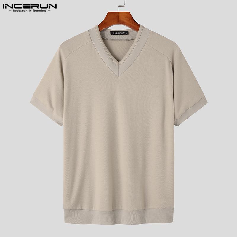 

INCERUN Летние мужские однотонные топы с короткими рукавами и V-образным вырезом