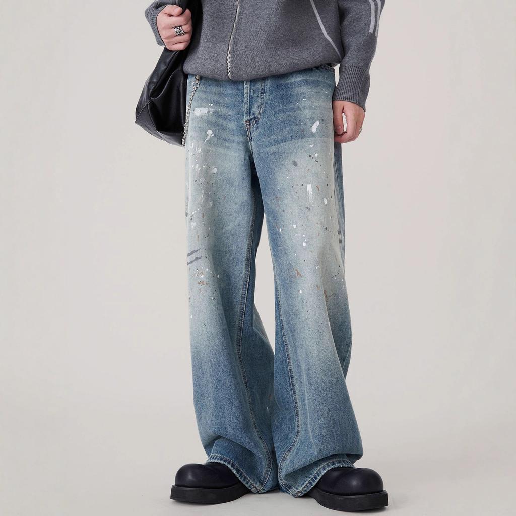 JYL Men's Flare Jeans American Trendy Street Letter Print Washed Denim Pants