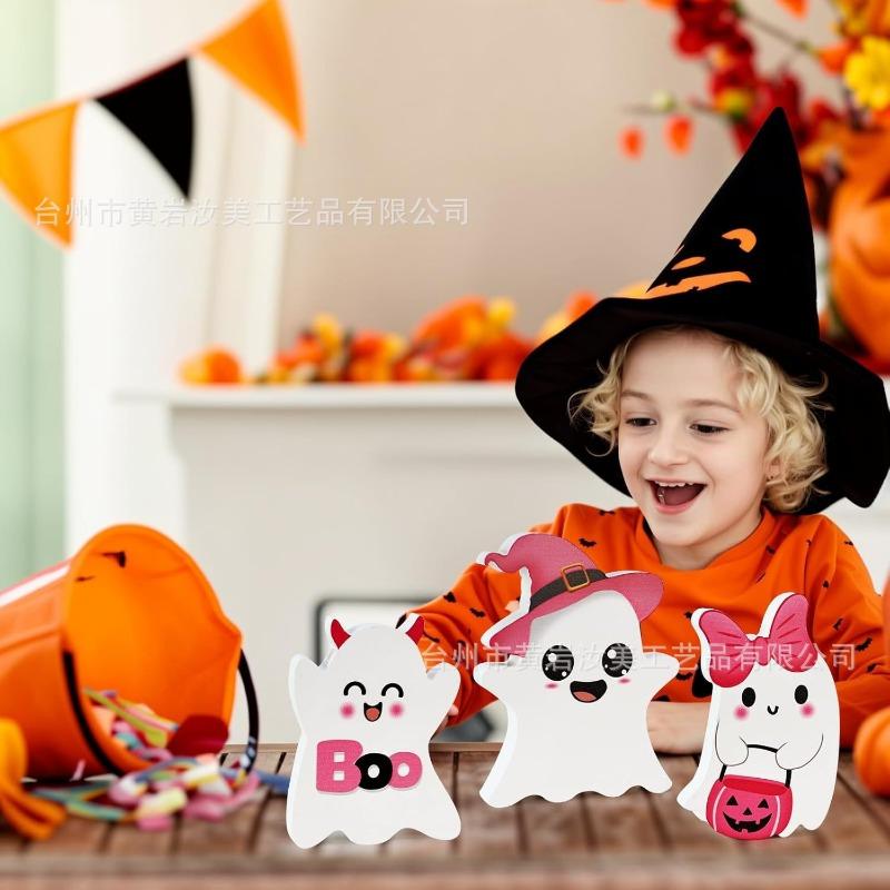 Halloween cute ghost pink tabletop ornament layered tray decoration holiday party wooden crafts