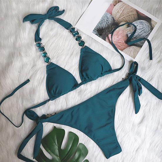 2Pcs/Set Split Bikini Rhinestones Metal Chain Sexy Adjustable Pure Color Swimwear for Swimming