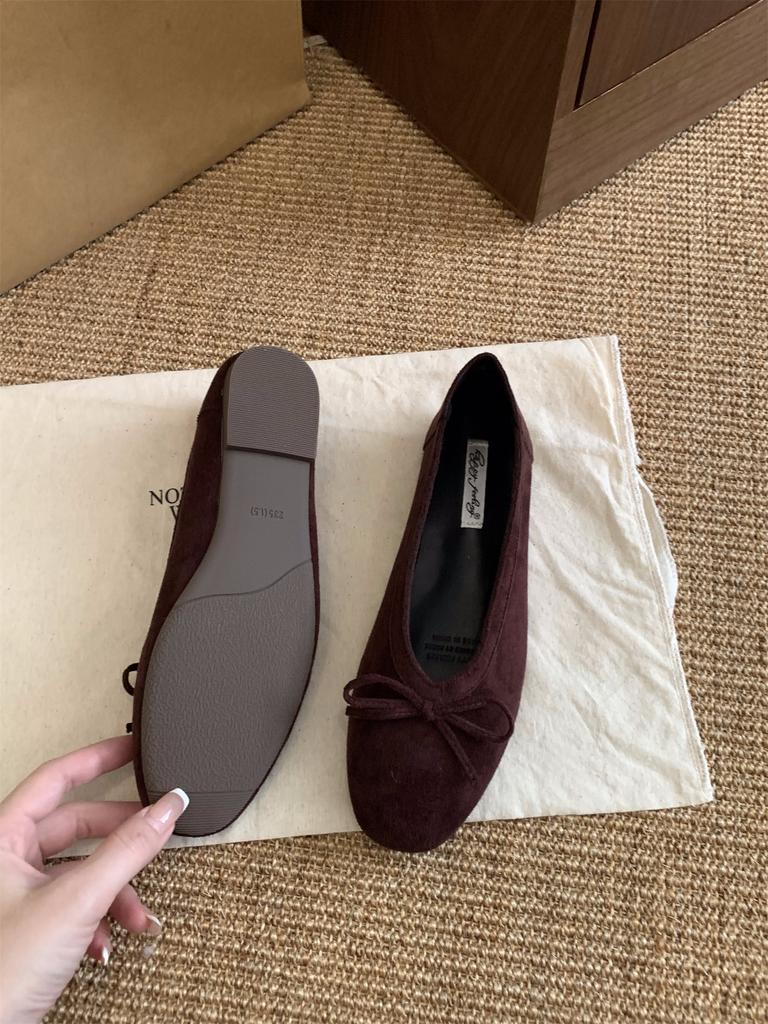 Vintage suede bow black commuter single shoes women's shoes 2025 autumn ballet flat French evening shoes