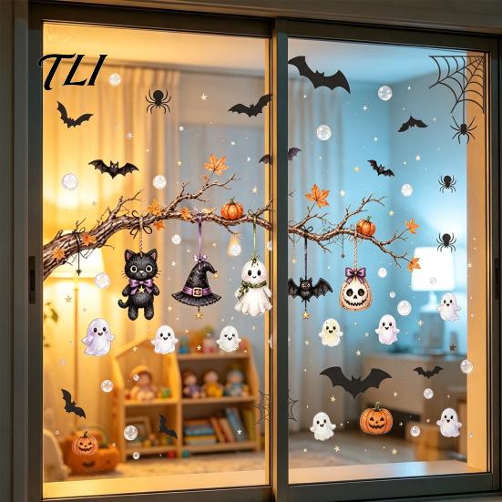 Static Cling Ghost Bat Pumpkin Stickers 2 Sheets Halloween Window Stickers, Spider Web Decals, Removable Retro Decor Waterproof for Glass Doors