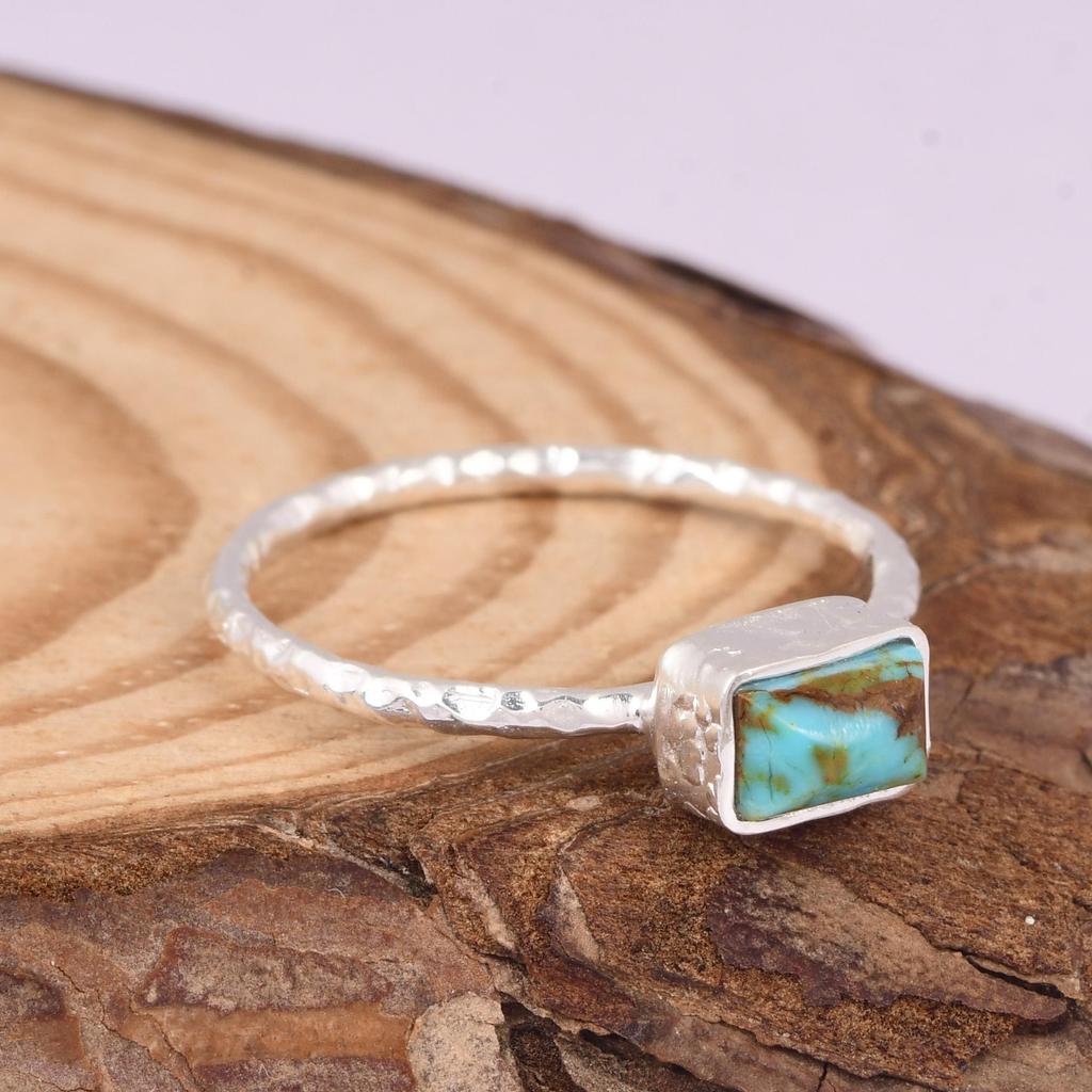 Natural Kingman Turquoise Ring, 925 Sterling Silver Texture Band Jewelry for Women, Special Gift for Her, Love, Crush and Girlfriends.
