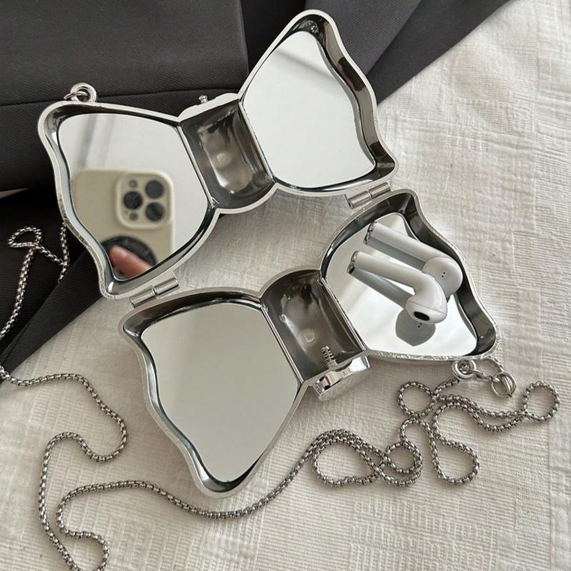 Mini Galvanisiert Silber Metall Glänzend Schleife Clutch Tasche Damen Personalisierte Mode Kette Kosmetik Crossbody Tasche Münzbeutel