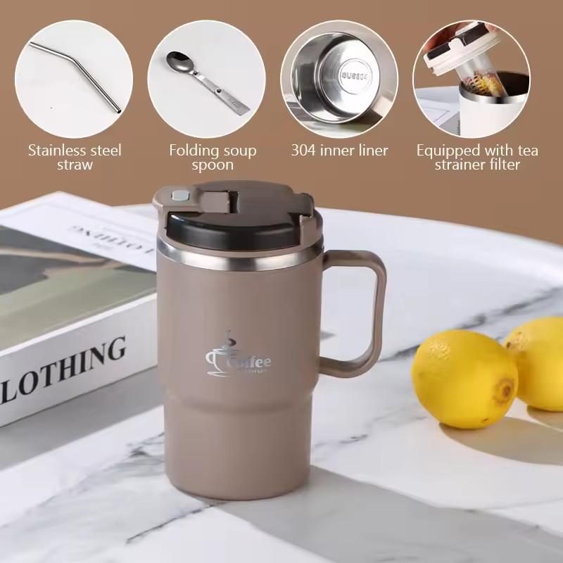 

550ML Coffee Cup 304 Stainless Steel Tea Cup With Tea Strainer Lid Straw Water Milk Juice Cups Coffee Mug For Home Drinkware 550ML коричневий