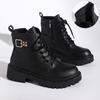 Fashion Black PU Leather Ankle Boots for Women 2025 Autumn Winter Warm Short Plush Booties Woman Fashion Buckle Platform Combat Boots