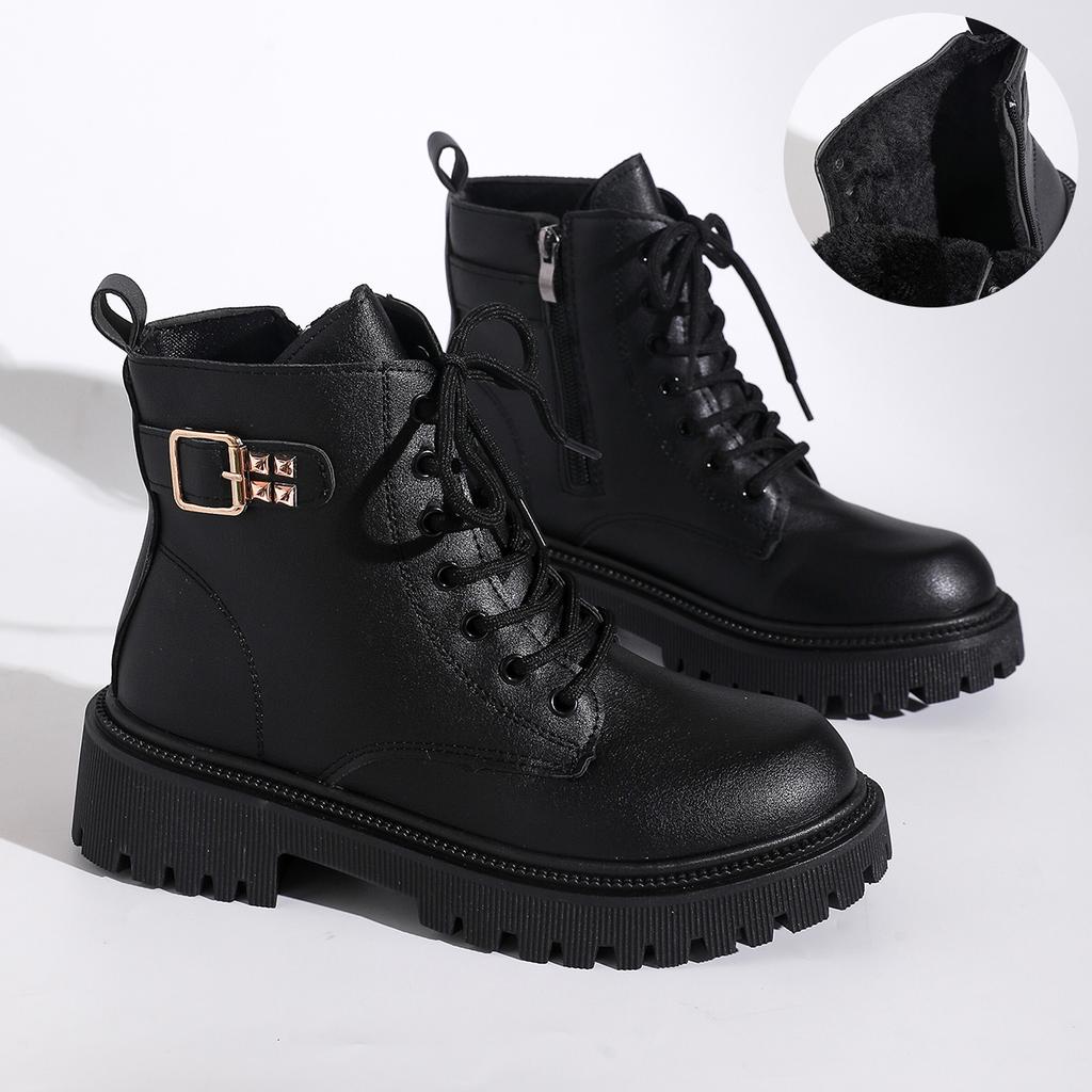 Fashion Black PU Leather Ankle Boots for Women 2025 Autumn Winter Warm Short Plush Booties Woman Fashion Buckle Platform Combat Boots