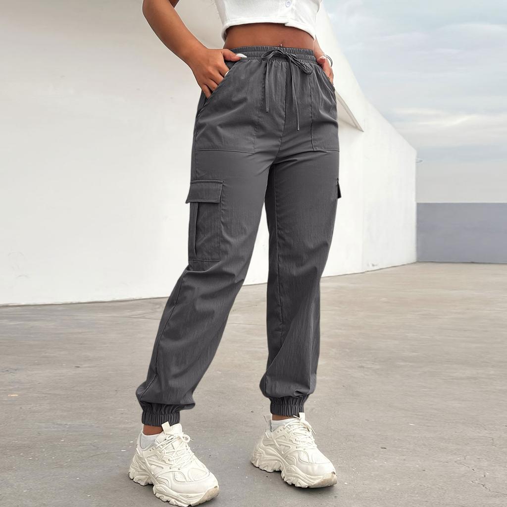 Women's Casual Cargo Pants Solid Color Joggers With Drawstring Waist, Elastic Waistband, Multiple Pockets Trousers