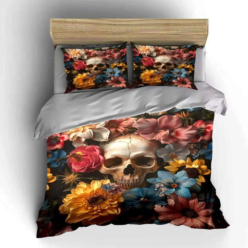 Floral Skull Art Set Decor Soft Comfortable Duvet Cover Bedding Set Included 1*Duvet Cover & 2*Pillowcases, gift