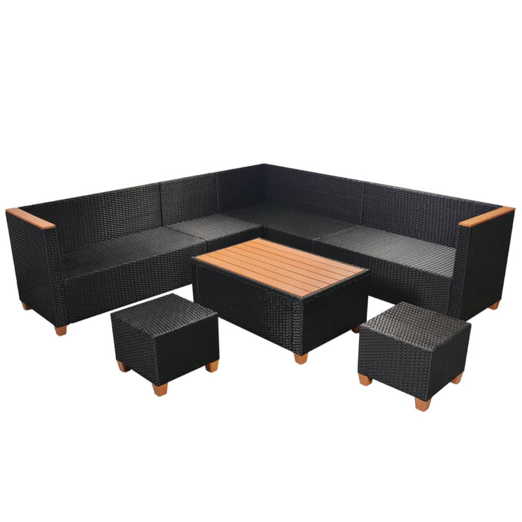 7 piece Garden Lounge Set with Cushions Poly Rattan Black