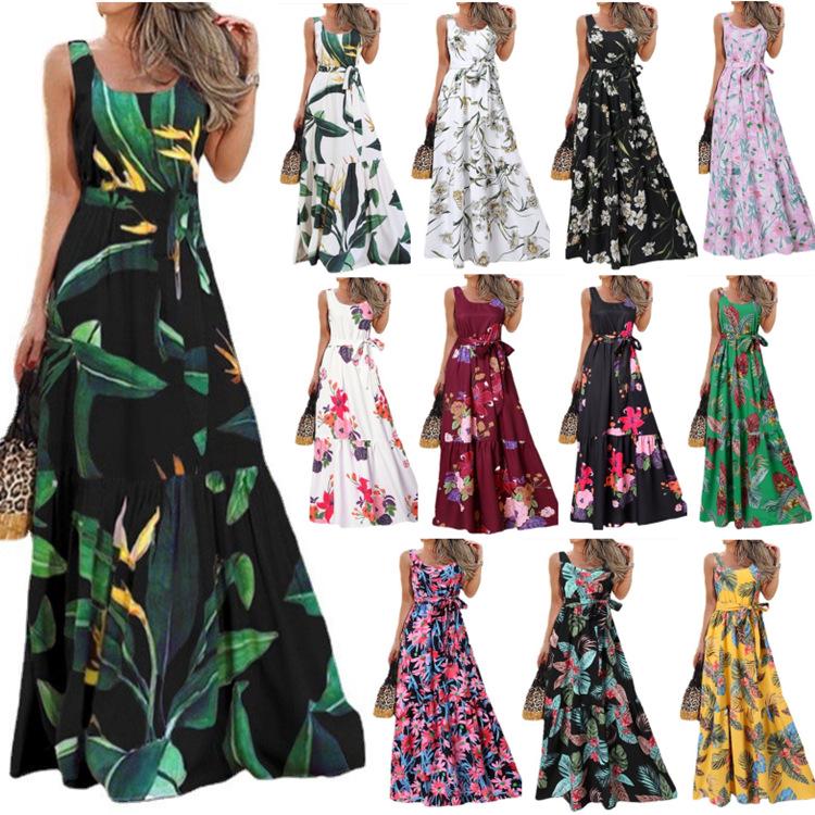 European & American Summer Print Casual Long Dress with Belt 2023
