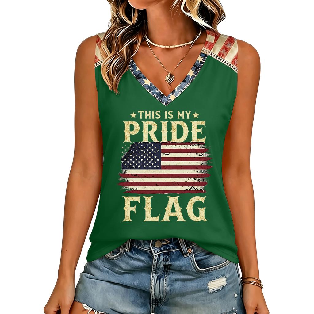 Women V Neck Casual Letter Print Short Sleeve T Shirt Top with Flag Graphic Comfortable Loose Fit Tee Shirt for Daily Wear