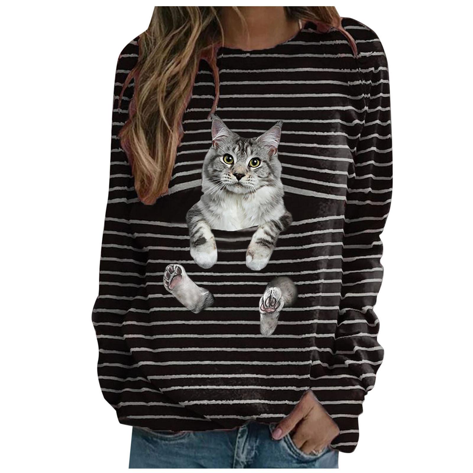 Women S Long Sleeve T Shirt Cat Print Striped Casual Top S