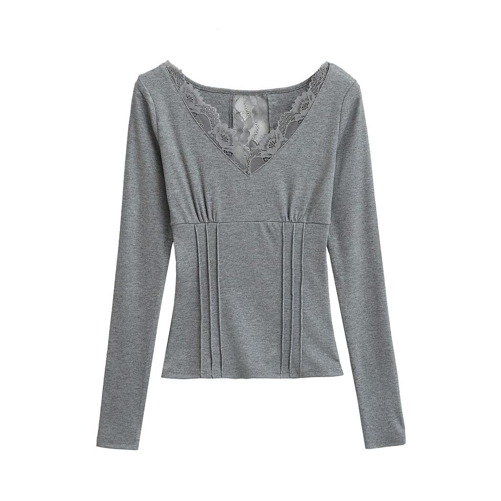 Spicy Girl V-Neck Lace Long Sleeve Slim Top - Women's Spring 2025