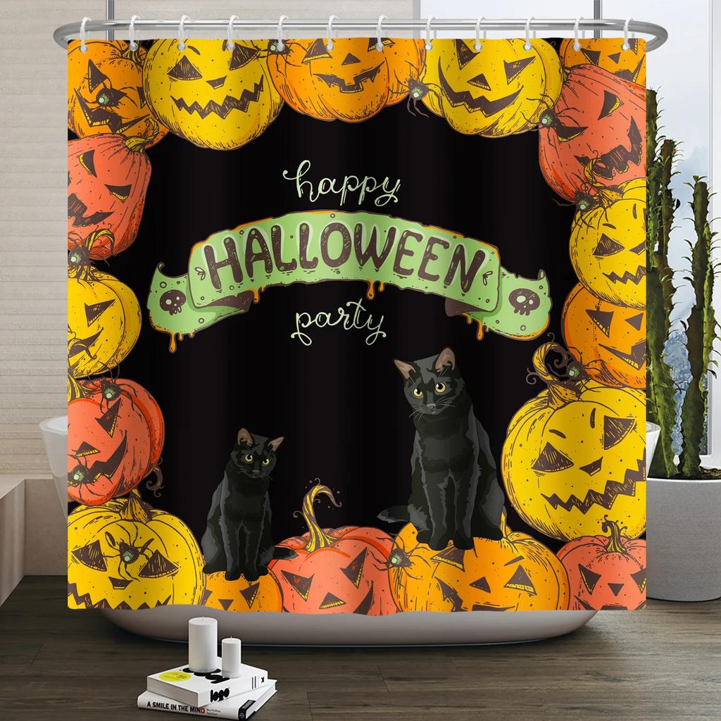 Halloween Shower Curtain Funny Horror Pumpkin Bat Cartoon Cat Happy Halloween Bathroom Curtain for Kids Waterproof Bath Curtain