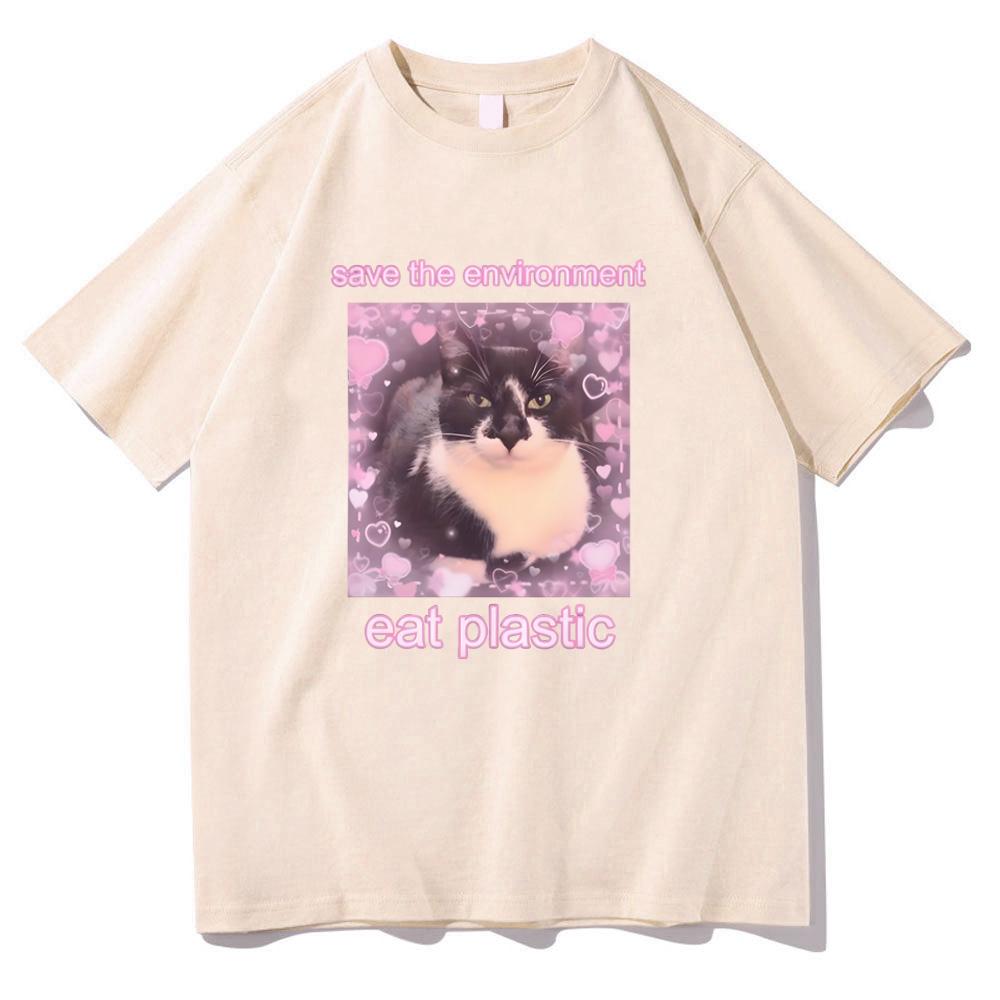Save The Environment Eat Plastic Meme Cat T-shirts Short Sleeve Summer Cotton Tee-shirt Cartoon Graphic Tees Girls Women Tshirts