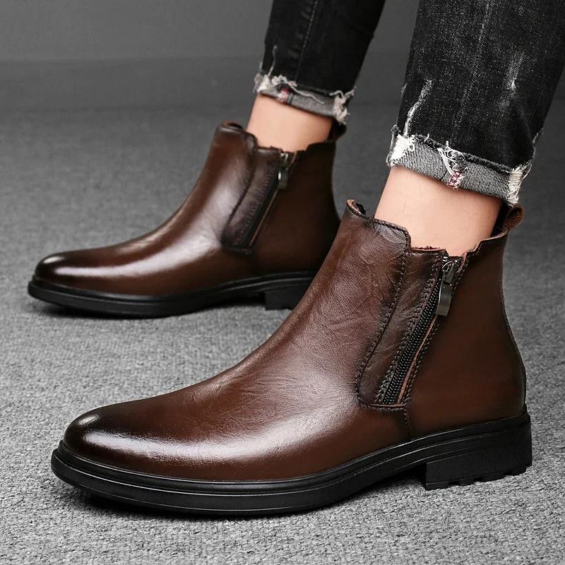 British Style Chelsea Men Boots Ankle Boots Retro Casual Leather Boots Side Zipper Male Business Footwear Handmade Walking Shoes